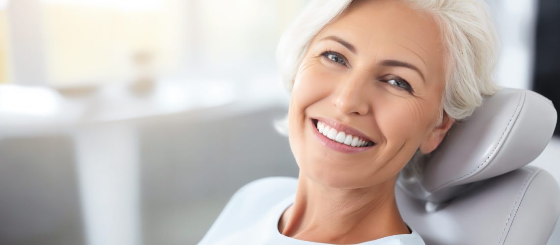 Dentistry. Portrait of an elderly charming lady with beautiful straight teeth sitting in a stomatology chair. Generative ai
