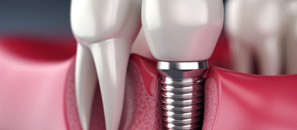 Jaw with teeth and dental implant screws. Dental implant process, 3D illustration. Close up of a dental implant. Copy space. High quality photo