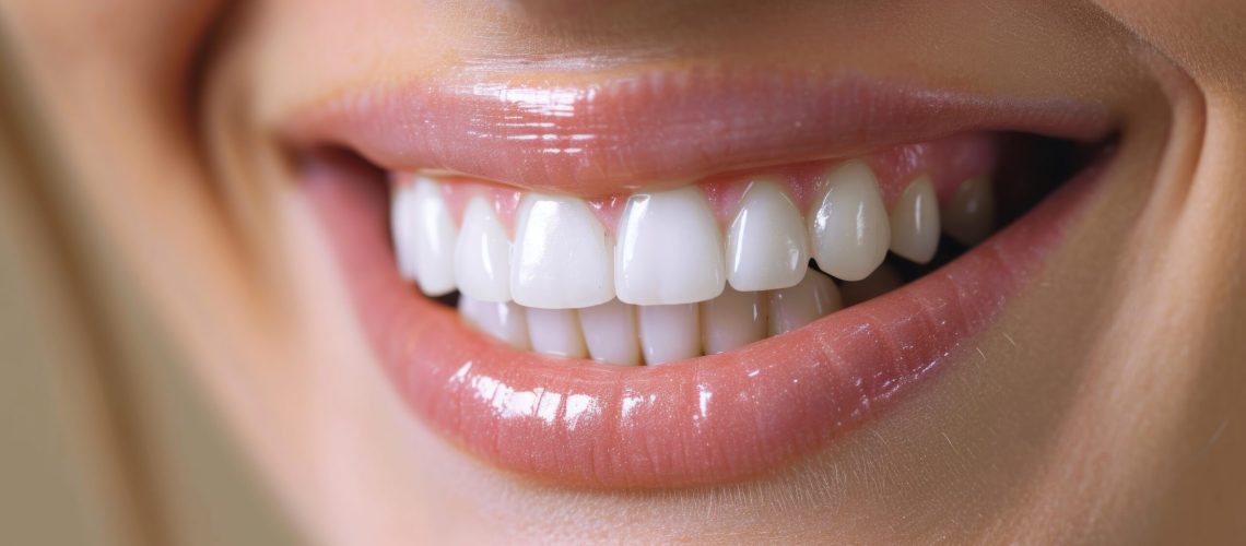White teeth close up, beautiful smile of healthy woman.
