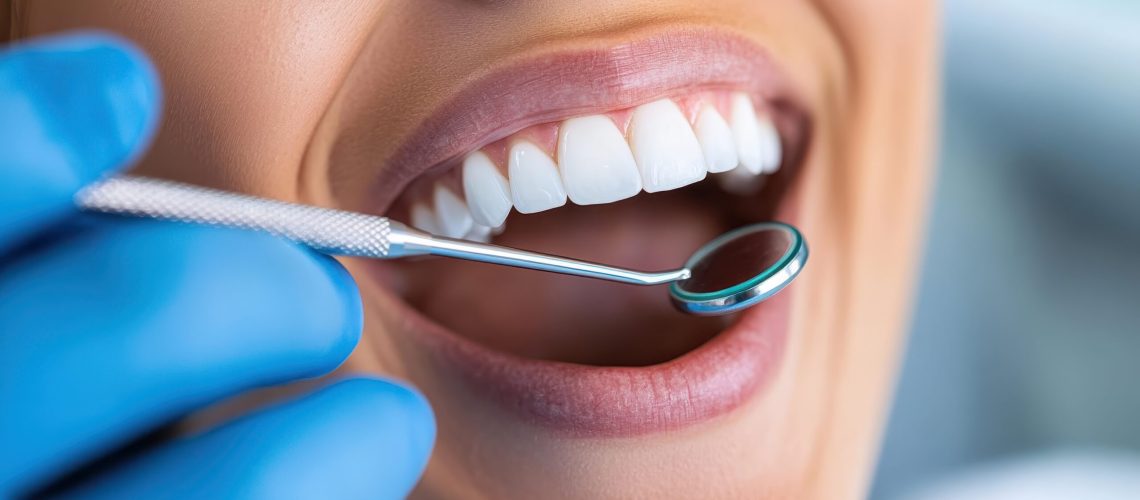 A smiling patient during a dentist appointment showing a close-up of the dental tools in use, emphasizing care, hygiene, and comfort in oral health practice.